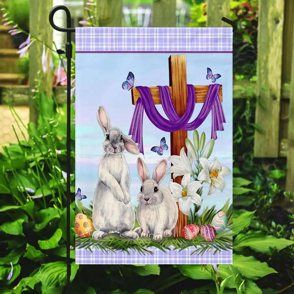 easter bunnies and cross garden flag