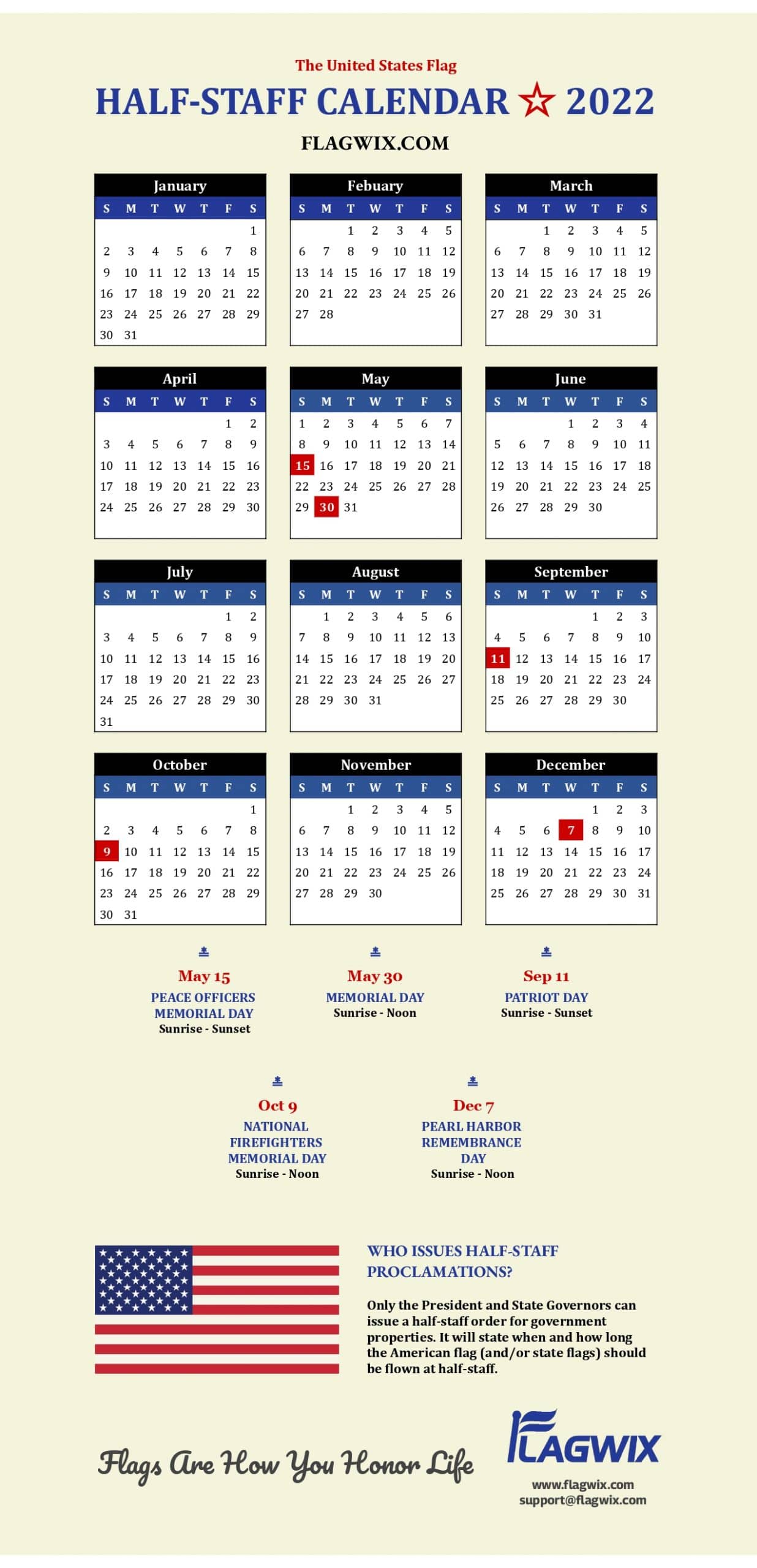 2022 half staff calendar