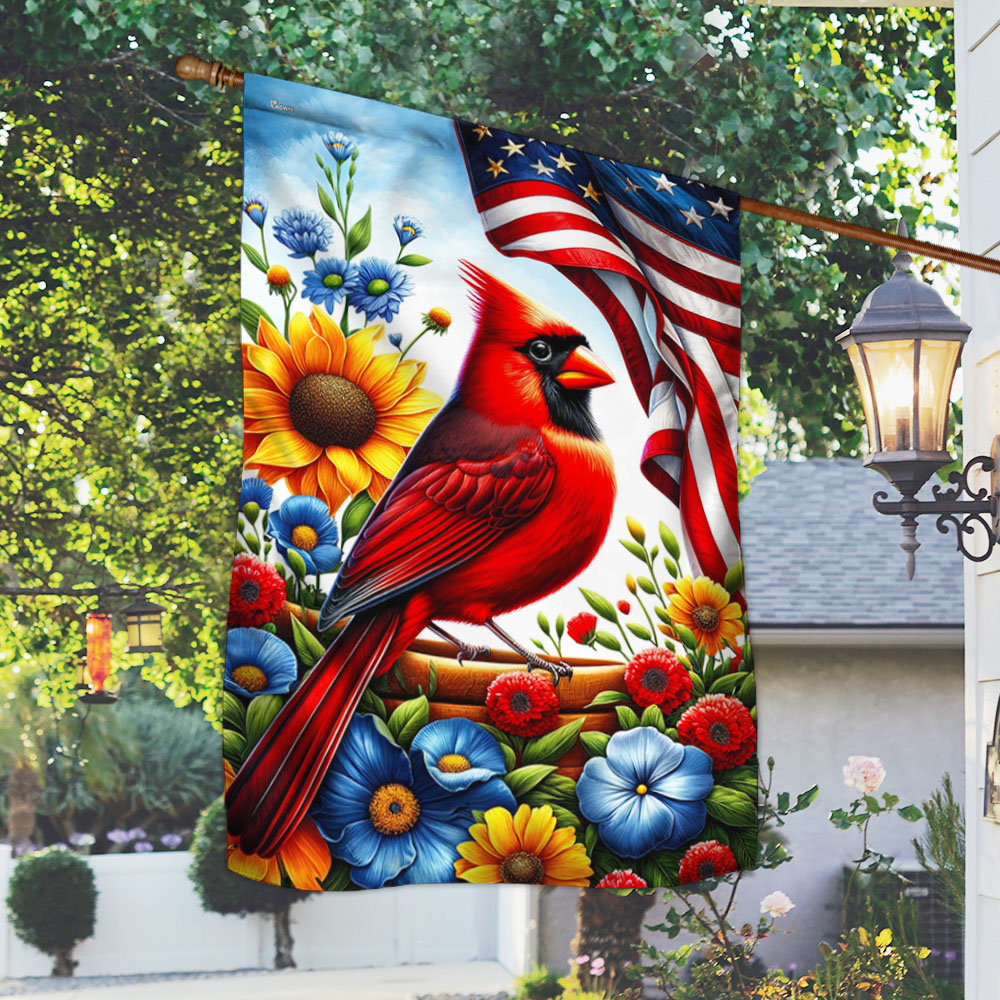Patriotic Cardinal 4th of July Floral American Flag
