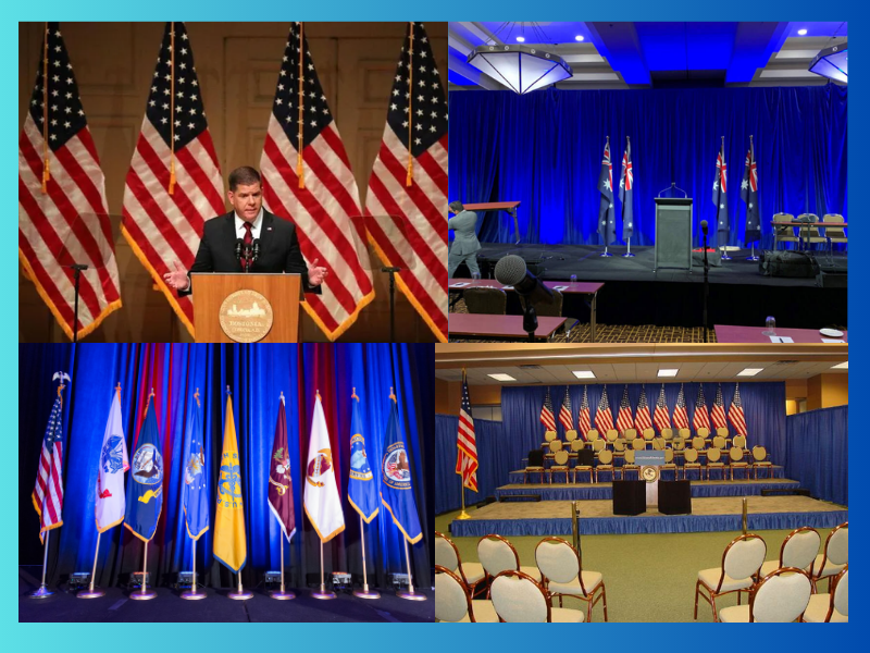Set up flags on the stage​