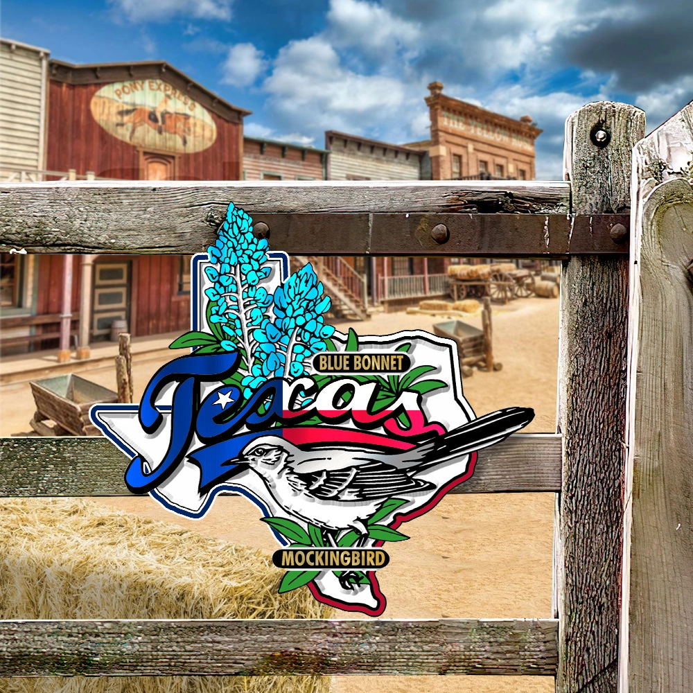 Texas Hanging Metal Sign Blue Bonnet Mockingbird