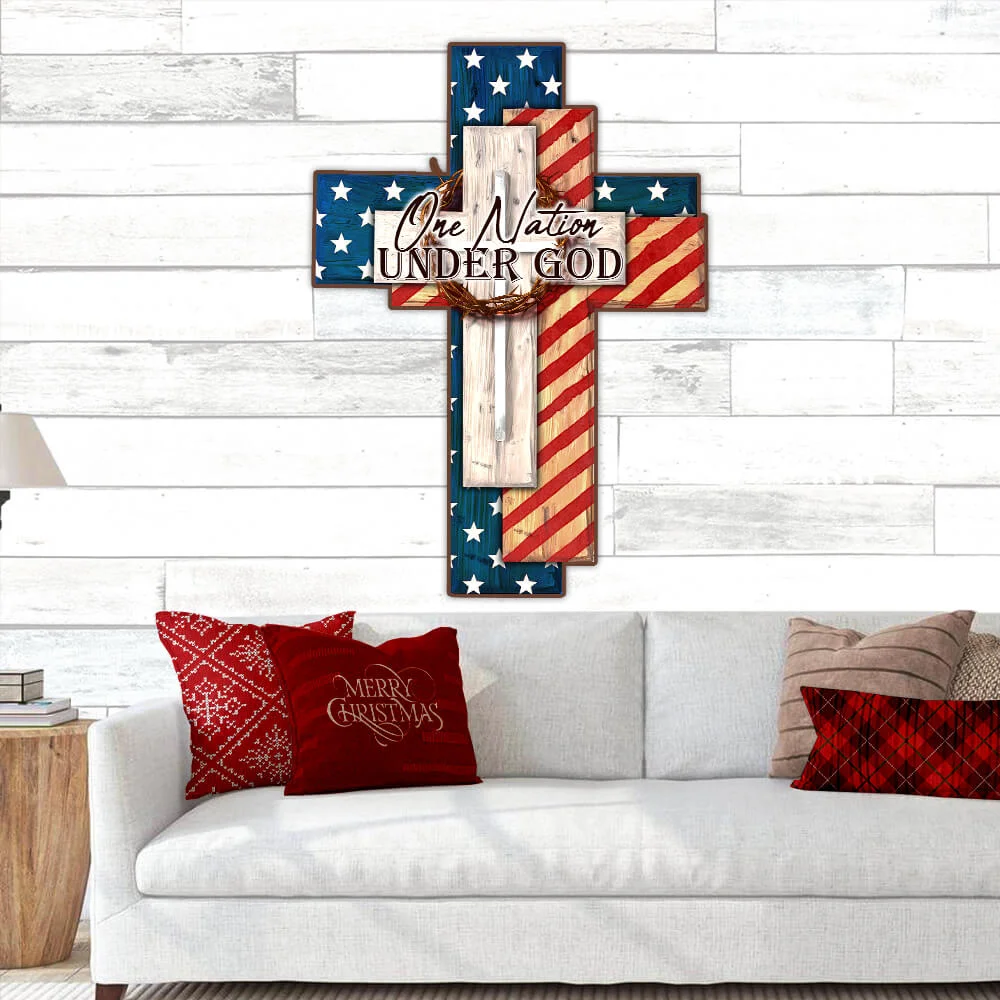 Jesus Cross Hanging Metal Sign One Nation Under God PN239MS