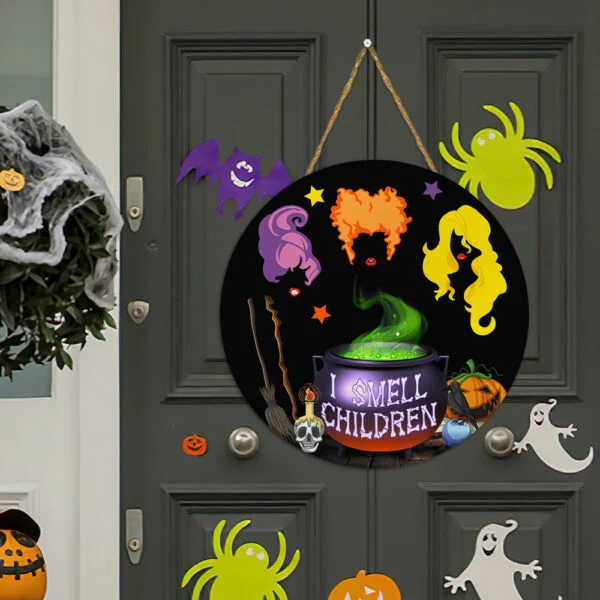 Three Witches l Smell Children Halloween Round Wooden Sign MLN551WD