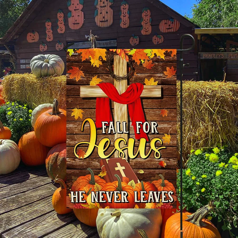 Christian Fall For Jesus He Never Leaves Thanksgiving Halloween Pumpkins Fall Flag TPT1145F