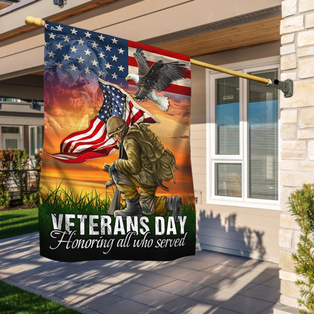 Veterans Day Honoring All Who Served Kneeling Soldier American Flag MLN2026F