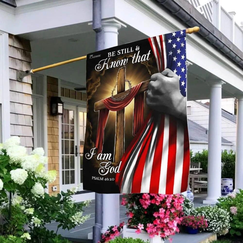 Jesus Christian Cross. Be Still And Know That I Am God American Flag THB2953F