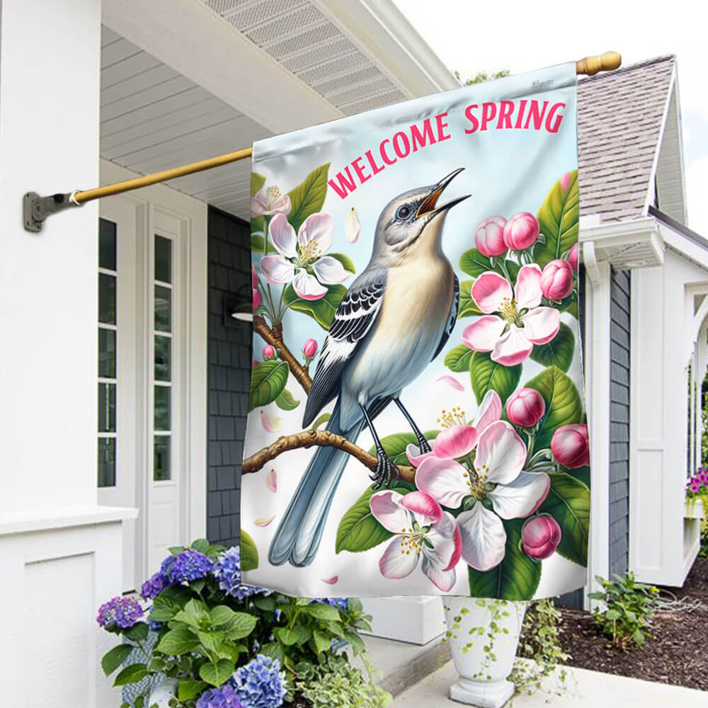 FLAGWIX Arkansas Welcome Spring Northern Mockingbird and Apple Blossoms Flag