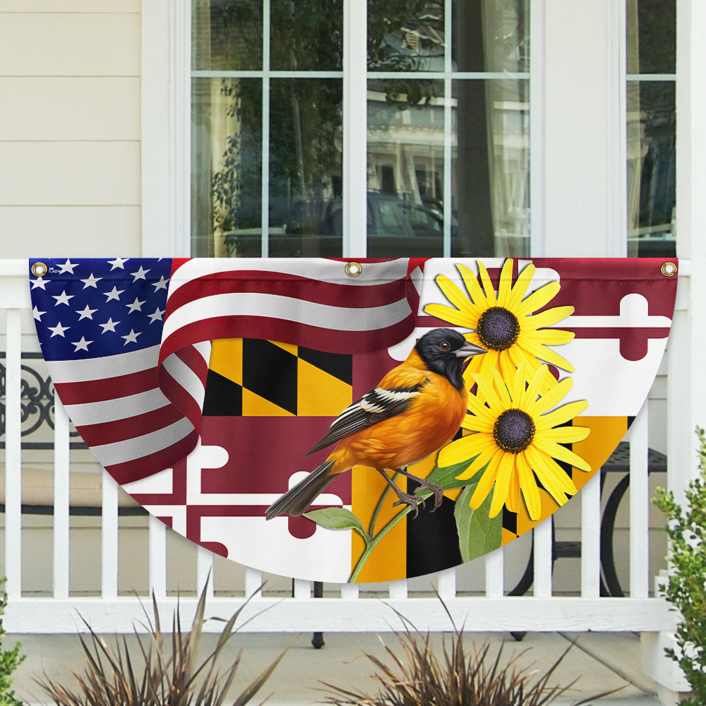 Maryland Black-eyed Susan Flower and Baltimore Oriole Bird Non-Pleated Fan Flag