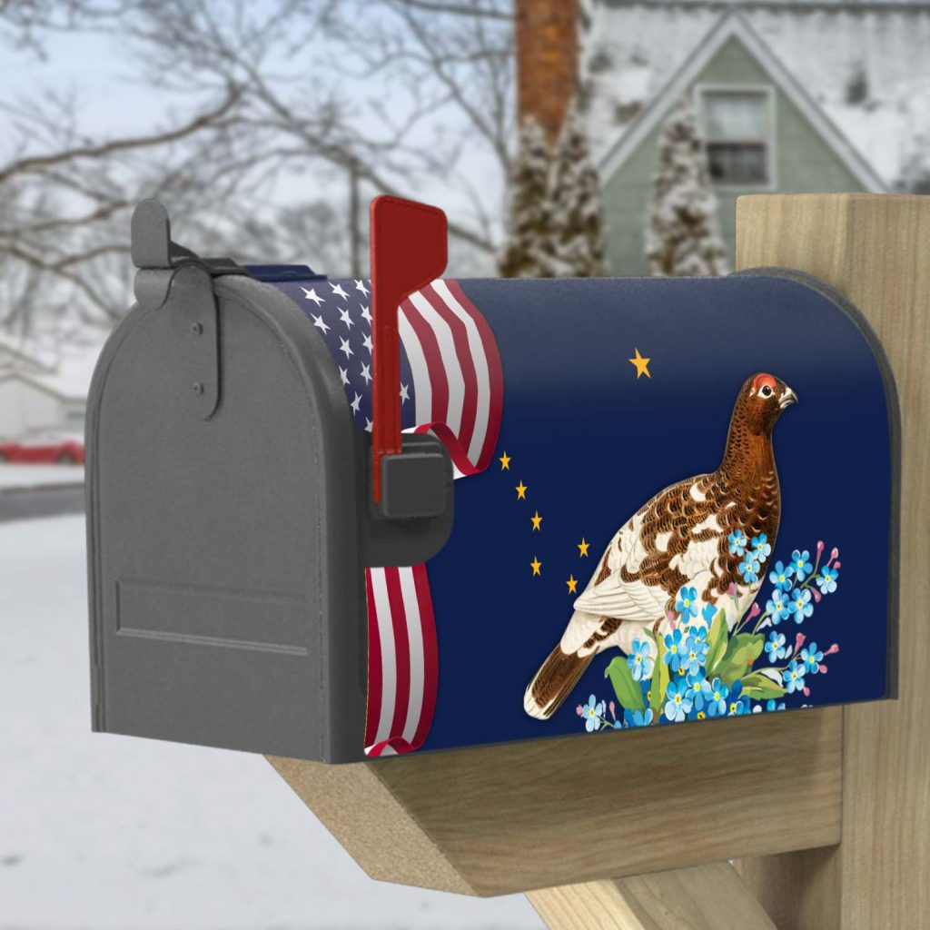 Alaska State Willow Ptarmigan Bird and Forget-Me-Not Flower Mailbox Cover