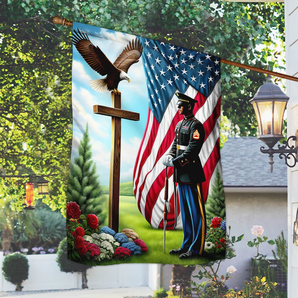 FLAGWIX American Soldier Standing Before The Cross Eagle Flag MLN2441F
