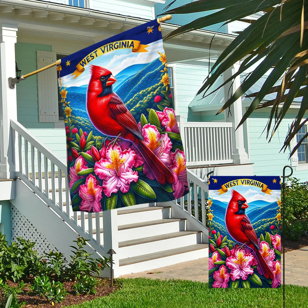 West Virginia Cardinal on a Blooming Rhododendron Branch with Appalachian Mountains Flag
