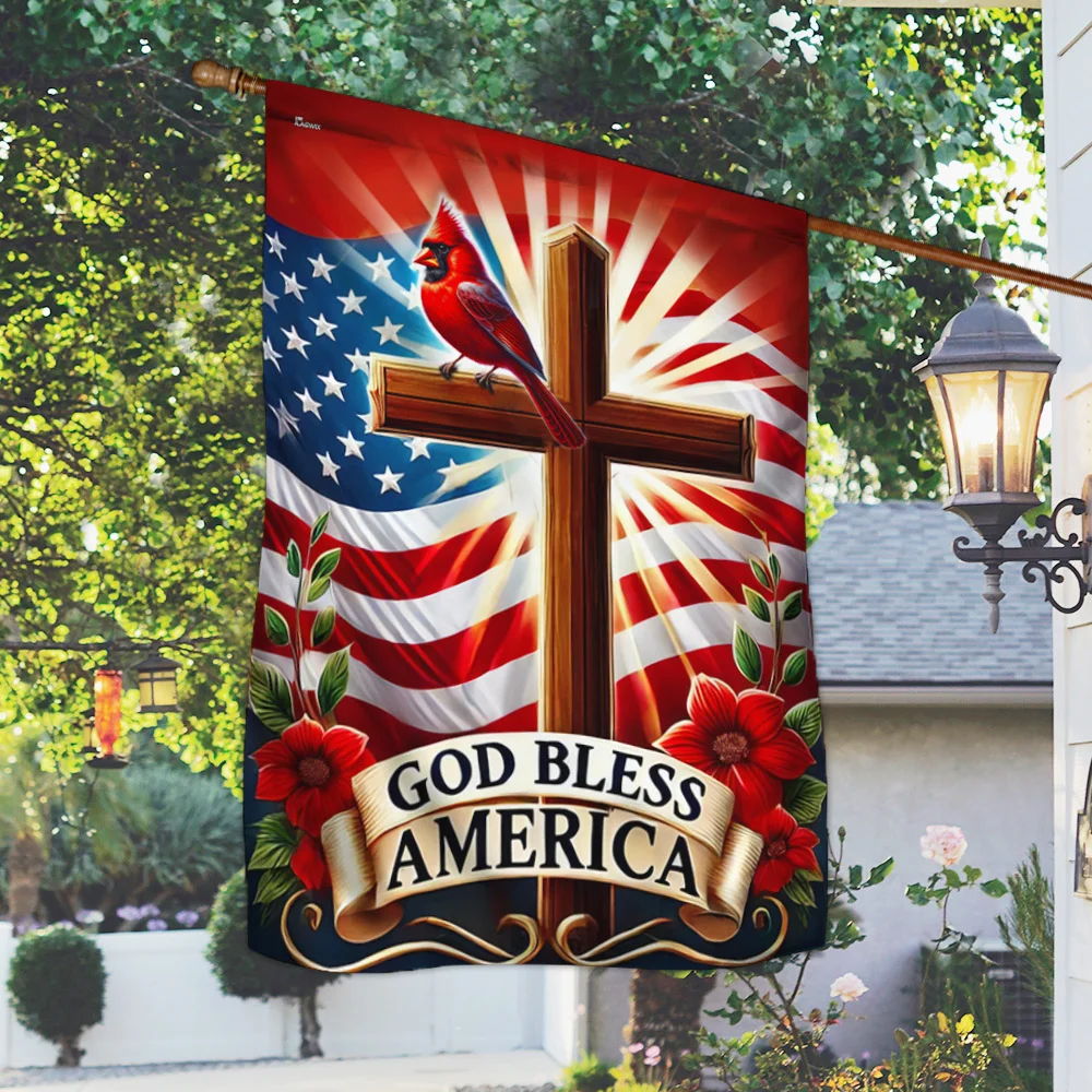 Cardinal Christian Cross God Bless America Flag