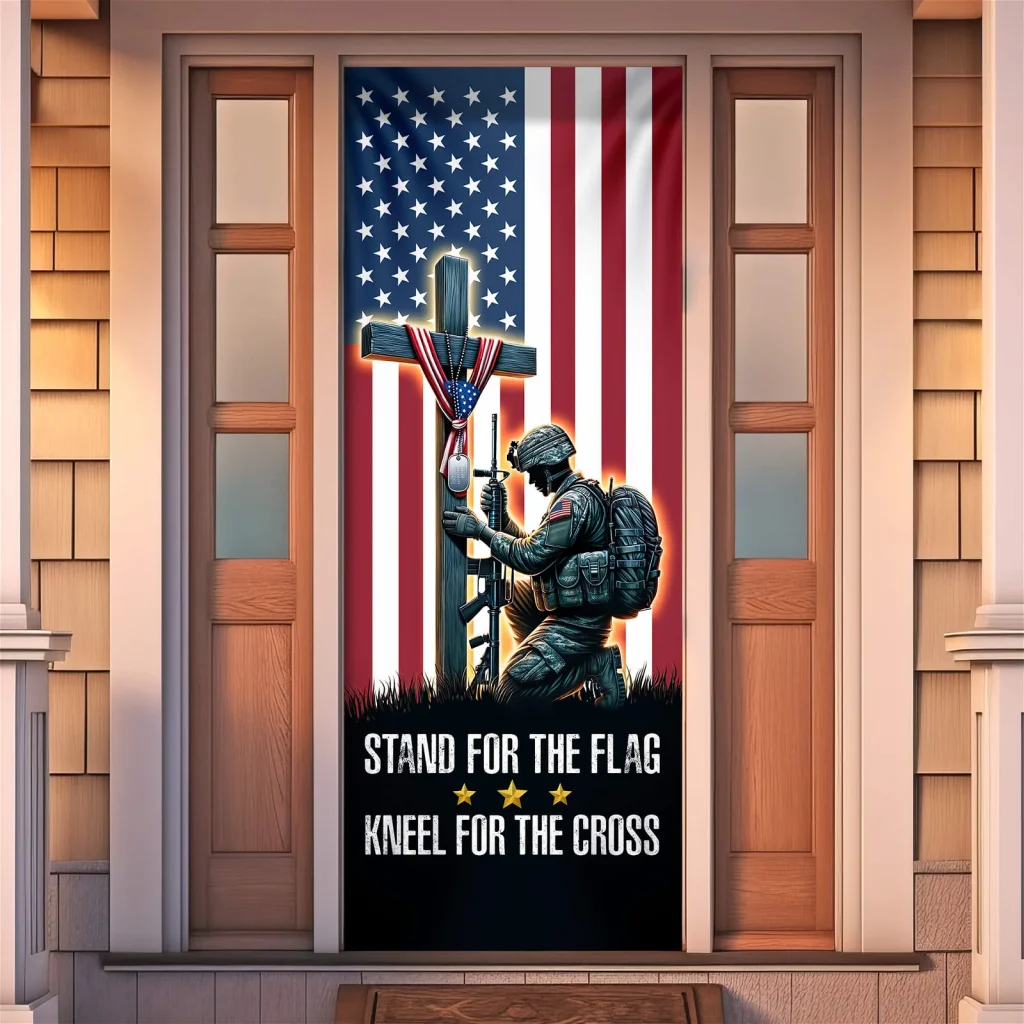 Stand For The Flag, Veteran Christian Cross Memorial American Door Cover