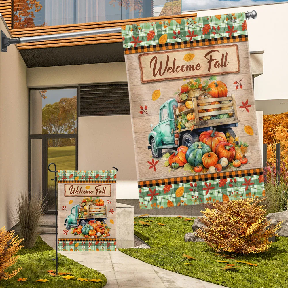 Welcome Fall Pumpkins Harvest Truck Thanksgiving Flag