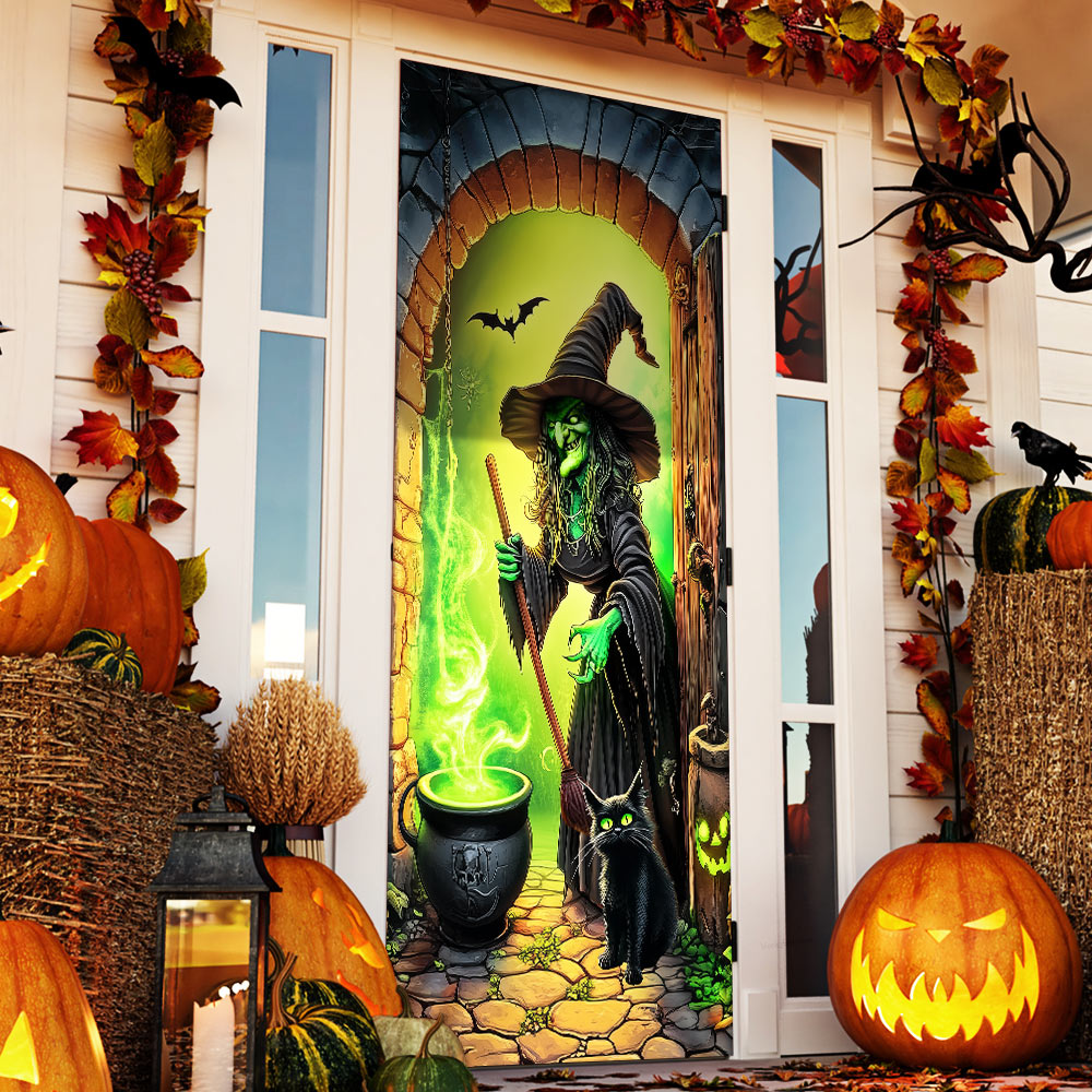 Halloween Witch And Black Cat Witch Making Poison Door Cover