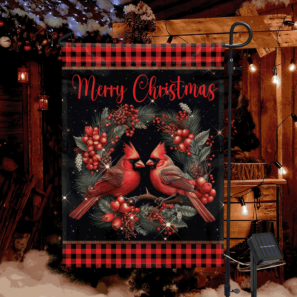 Cardinal Merry Christmas Winter Holiday Solar LED Garden Flag