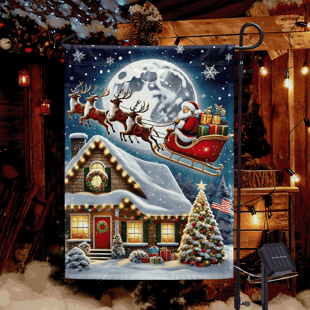 Christmas Santa Claus and His Reindeer Flying Over Solar LED Garden Flag