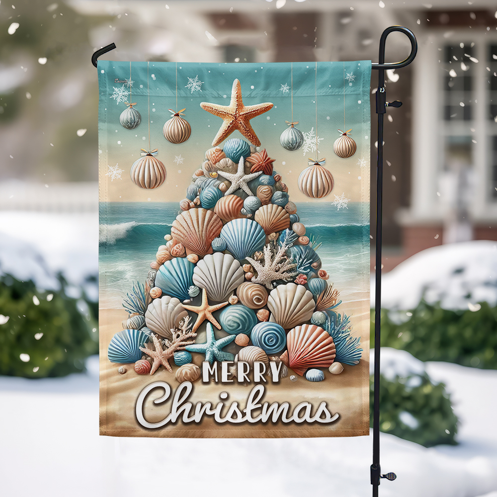 Coastal Beach Winter Merry Christmas Flag